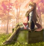  1girl animal_ears autumn bangs boots brown_footwear brown_gloves brown_hair from_side gloves grey_skirt highres long_hair long_sleeves miniskirt open_mouth outdoors pasopy pleated_skirt profile raccoon_ears raccoon_girl raccoon_tail raphtalia red_eyes shiny shiny_hair sitting skirt solo straight_hair tail tate_no_yuusha_no_nariagari thigh-highs thigh_boots very_long_hair zettai_ryouiki 