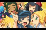  2girls 3boys artist_name bangs baseball_cap beanie black_hair blonde_hair blush cosmog elio_(pokemon) eyelashes gen_7_pokemon gladion_(pokemon) green_eyes green_hair hand_on_another&#039;s_shoulder hand_up hat hau_(pokemon) legendary_pokemon lillie_(pokemon) long_hair multiple_boys multiple_girls open_mouth pokemon pokemon_(creature) pokemon_(game) pokemon_sm selene_(pokemon) smile sparkle swept_bangs symbol_commentary teeth thumbs_up tongue v watermark yuuna_minato 