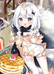  1girl asymmetrical_legwear blue_eyes cape dress food genshin_impact halo highres looking_at_viewer nyanyanoruru paimon_(genshin_impact) pancake plate saliva scarf short_hair sparkle sparkling_eyes star-shaped_pupils star_(symbol) stove symbol-shaped_pupils white_dress white_hair 