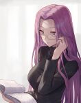 1girl 7aehyun adjusting_hair black_sweater book breasts brown-framed_eyewear brown_eyes closed_mouth fate/stay_night fate_(series) forehead glasses hand_up highres holding holding_book long_hair long_sleeves medium_breasts open_book purple_hair reading rider simple_background solo straight_hair sweater very_long_hair white_background 