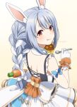  1girl :p animal_ear_fluff animal_ears back bangs bare_arms blue_hair blurry bow_skirt braid bunny_girl carrot_hair_ornament cross-laced_clothes curry depth_of_field eyebrows food food_themed_hair_ornament frilled_straps from_behind gloves gradient gradient_background hair_ornament hikimayu holding holding_spoon hololive instant_curry_rice licking_lips light_blush long_hair looking_at_viewer looking_back mattaku_mousuke multicolored_hair nonstop_story official_alternate_costume rabbit_ears rabbit_girl shirt shoulder_blades sleeveless solo spoon tongue tongue_out twin_braids twintails two-tone_hair usada_pekora virtual_youtuber white_gloves white_hair white_shirt 