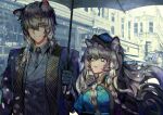  1boy 1girl a0lp animal_ear_fluff animal_ears arknights bangs black_gloves blue_headwear braid brother_and_sister building commentary eyebrows_visible_through_hair gloves grey_eyes grey_jacket hair_between_eyes holding holding_umbrella jacket leopard_ears long_hair long_sleeves looking_at_another official_alternate_costume open_mouth pramanix_(arknights) siblings silver_hair silverash_(arknights) smile twin_braids umbrella upper_body 