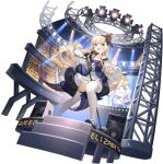  1girl :d artist_request azur_lane black_choker blonde_hair blue_dress blue_eyes choker crown dress fang frilled_dress frills full_body highres holding idol long_hair long_sleeves looking_at_viewer mary_janes microphone microphone_stand mini_crown music off_shoulder official_art open_mouth pointing queen_elizabeth_(a_night_at_the_stage)_(azur_lane) queen_elizabeth_(azur_lane) shoes singing smile solo speaker stage stage_lights standing thigh-highs transparent_background v-shaped_eyebrows very_long_hair white_legwear wide_sleeves 