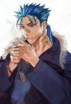  1boy alternate_costume bandaid bandaid_on_face bandaid_on_nose blood blood_splatter blue_hair bracelet cigarette cu_chulainn_(fate)_(all) dog_tags earrings eyebrow_piercing fate/stay_night fate_(series) fur fur-trimmed_jacket fur_trim itk jacket jewelry lancer lighting_cigarette long_hair looking_down male_focus piercing red_eyes ring simple_background smoke smoking solo spiky_hair type-moon white_background 