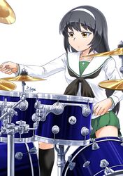  1girl absurdres artist_name bangs black_hair black_legwear black_neckwear blouse brown_eyes closed_mouth commentary dated drum drum_set drumsticks expressionless eyebrows_visible_through_hair girls_und_panzer green_skirt hairband highres holding holding_drumsticks instrument kneehighs logo long_hair long_sleeves looking_to_the_side miniskirt music neckerchief ooarai_school_uniform playing_instrument pleated_skirt reizei_mako sailor_collar satou_yasu school_uniform serafuku signature simple_background sitting skirt solo white_background white_blouse white_hairband white_sailor_collar 