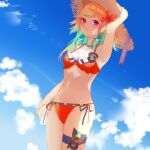  1girl adapted_costume bangs bikini blush breasts clouds day earrings feather_earrings feathers gradient_hair halterneck hat highres hololive hololive_english holster jewelry long_hair looking_at_viewer medium_breasts multicolored_hair orange_hair outdoors side-tie_bikini sky smile solo sun_hat swimsuit takanashi_kiara thigh_holster thigh_strap violet_eyes virtual_youtuber yunare 