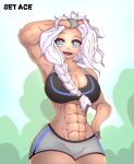  alice_(tbd) breasts dark_skin gym_uniform happy highres huge_breasts muscle muscular_female set_ace smiley_face solo the_black_dragon thick_thighs thighs white_hair 