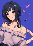  1girl absurdres asaka_karin bangs black_hair blue_background blue_eyes breasts collarbone hand_on_shoulder highres jewelry large_breasts looking_at_viewer love_live! love_live!_nijigasaki_high_school_idol_club makeup_brush medium_hair mole mole_on_body nail_polish necklace nishikino_kee off_shoulder open_mouth purple_shirt shirt sidelocks smile solo strap upper_body 