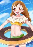  1girl :d arisugawa_himari ass_visible_through_thighs bikini blue_sky blush braid brown_hair collarbone cowboy_shot day green_bikini highres innertube kirakira_precure_a_la_mode long_hair looking_at_viewer low_twintails mismatched_bikini navel off_shoulder open_mouth outdoors precure red_eyes shiny shiny_hair sky smile solo standing stick308 summer swimsuit twin_braids twintails wading yellow_bikini 