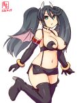  1girl alternate_costume artist_logo bat_wings black_gloves black_hair black_legwear black_skirt breasts commentary_request cowboy_shot dated demon_girl demon_horns demon_wings elbow_gloves gloves green_eyes highres horns isuzu_(kantai_collection) kanon_(kurogane_knights) kantai_collection large_breasts long_hair navel simple_background skirt solo suspenders thigh-highs twintails white_background wings 