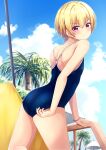  1girl adjusting_clothes adjusting_swimsuit ass beach_umbrella blonde_hair blue_sky blue_swimsuit clouds competition_school_swimsuit cowboy_shot day from_behind highres idolmaster idolmaster_shiny_colors looking_at_viewer miso_(misomiso_154) outdoors palm_tree saijou_juri school_swimsuit short_hair sky solo swimsuit tree umbrella violet_eyes 
