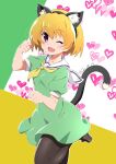  1girl 2020 animal_ears blonde_hair cat_ears cat_tail dated fang heart highres higurashi_no_naku_koro_ni houjou_satoko looking_at_viewer official_style one_eye_closed open_mouth paw_pose sailor_collar school_uniform short_hair short_sleeves smile solo standing standing_on_one_leg tail tsuji643163271 violet_eyes 