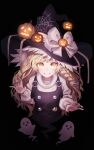  apron black_background blonde_hair bow braid ghost hair_bow hat hat_bow highres kirisame_marisa long_hair looking_at_viewer pumpkin side_braid simple_background single_braid tagme teeth torinari_(dtvisu) touhou waist_apron white_bow witch_hat yellow_eyes 