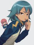  2boys akanbe brown_eyes check_character closed_mouth commentary_request crossed_arms frown green_eyes green_hair grey_background hair_between_eyes highres inazuma_eleven_(series) inazuma_eleven_go jacket kariya_masaki kirino_ranmaru long_hair long_sleeves looking_at_viewer male_focus multiple_boys pink_hair sayshownen simple_background tongue tongue_out track_jacket twintails upper_body 