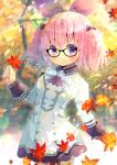  1girl ascot autumn_leaves bangs black-framed_eyewear black_bow black_ribbon blurry blurry_background bow breasts brown_neckwear closed_mouth collared_dress commentary_request depth_of_field dress eyebrows_visible_through_hair frilled_sleeves frills glasses hair_between_eyes hair_bow hair_ribbon holding holding_leaf kouu_hiyoyo leaf long_sleeves looking_at_viewer maple_leaf original pink_hair ribbon small_breasts smile solo tree twintails violet_eyes white_dress 