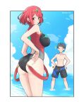  1boy 1girl :o ass bangs black_swimsuit blush breasts competition_swimsuit from_behind highres large_breasts looking_back male_swimwear mochimochi_(xseynao) one-piece_swimsuit pyra_(xenoblade) red_eyes redhead shirtless short_hair swept_bangs swim_trunks swimsuit swimwear tiara xenoblade_chronicles_(series) xenoblade_chronicles_2 