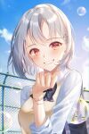  1girl bracelet bubble connie_(keean2019) hair_ornament hairclip highres jewelry looking_at_viewer original red_eyes school_uniform short_hair smile solo white_hair 