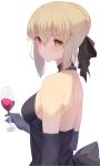  1girl absurdres alcohol artoria_pendragon_(all) back bangs bare_shoulders black_dress blonde_hair braid breasts cup dress drinking_glass fate/stay_night fate_(series) french_braid hair_bun hair_ribbon highres jun_(aousa0328) long_hair looking_at_viewer medium_breasts ribbon saber_alter sidelocks simple_background white_background wine wine_glass yellow_eyes 
