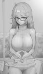  1girl bare_shoulders blush breasts coffee coffee_cup commentary_request cup disposable_cup embarrassed english_text eyelashes glasses highres hiragana_oufu large_breasts long_hair looking_at_viewer mole original sitting sketch solo sweater 
