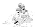  1boy 1girl bangs breasts butakun chips covered_nipples dark_skin earrings food greyscale gyaru indian_style jewelry monochrome open_mouth original pink_hair ponytail potato_chips profile shorts simple_background sitting sleeping white_background 