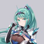  1girl bangs breasts chest_jewel earrings gloves green_eyes green_hair grey_background highres jewelry large_breasts long_hair long_ponytail looking_at_viewer pneuma_(xenoblade) ponytail sarasadou_dan solo swept_bangs tiara upper_body very_long_hair xenoblade_chronicles_(series) xenoblade_chronicles_2 