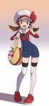  1girl :d blue_overalls brown_eyes brown_hair commentary eyelashes full_body hat highres holding_strap looking_at_viewer lyra_(pokemon) open_mouth overalls pokemon pokemon_(game) pokemon_hgss red_footwear shoes sleeves_past_elbows smile solo standing thigh-highs twintails white_headwear white_legwear yoshi_(moco1) 