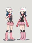  2girls arm_at_side beanie black_hair black_legwear blue_eyes blue_hair boots closed_mouth commentary_request hikari_(pokemon) dual_persona eye_contact eyelashes grey_background grey_eyes hand_on_hip hat highres long_hair looking_at_another multiple_girls over-kneehighs pink_footwear pokemon pokemon_(anime) pokemon_(game) pokemon_dppt pokemon_dppt_(anime) scarf sidelocks smile standing thigh-highs white_headwear yoshi_(moco1) 