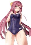  1girl absurdres arm_behind_back ass_visible_through_thighs black_swimsuit blush bow breasts competition_school_swimsuit covered_navel cowboy_shot eyebrows_visible_through_hair gradient_hair hair_between_eyes hair_ribbon highres jewelry kamikaze_(kantai_collection) kantai_collection long_hair minase_(takaoka_nanase) multicolored_hair new_school_swimsuit one-piece_swimsuit open_mouth pink_hair ribbon ring school_swimsuit small_breasts solo swimsuit thighs violet_eyes wedding_band yellow_bow yellow_ribbon 