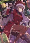  1girl bow braid fate/grand_order fate_(series) florence_nightingale_(fate/grand_order) florence_nightingale_santa_(fate/grand_order) fur-trimmed_headwear gift green_bow gun hat highres holding holding_weapon janoukyo19 red_eyes santa_costume santa_hat silver_hair thigh-highs weapon 