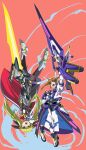  2girls absurdres blonde_hair brown_hair energy_sword exocet fate_testarossa highres holding holding_sword holding_weapon huge_weapon looking_to_the_side lyrical_nanoha magical_girl multiple_girls open_mouth red_eyes sword takamachi_nanoha twintails upside-down violet_eyes weapon 