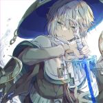  1boy blonde_hair cape copyright_request elf green_eyes hat highres holding holding_sword holding_weapon ice long_sleeves looking_at_viewer physics_point pointy_ears short_hair solo sword upper_body weapon white_background 
