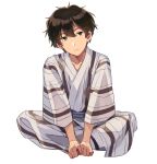  1boy absurdres brown_hair clenched_hands closed_mouth commentary_request eyebrows_visible_through_hair green_eyes hair_between_eyes hakama highres hyouka japanese_clothes looking_at_viewer male_focus oreki_houtarou sayshownen short_hair simple_background sitting solo white_background 
