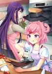  2girls apron baking black_pants blush breasts cake chocolate closed_mouth commentary cooking cowboy_shot dessert doki_doki_literature_club english_commentary food fruit grey_sweater hair_ornament hairclip highres kitchen long_hair medium_breasts multiple_girls natsuki_(doki_doki_literature_club) open_mouth oven oven_mitts pants paw_print_pattern pink_eyes pink_hair plant potted_plant purple_apron purple_hair refrigerator ribbed_sweater satchely shirt short_hair short_sleeves short_twintails small_breasts smile straight_hair strawberry sweater tongue tongue_out turtleneck turtleneck_sweater twintails upper_body violet_eyes whisk whisking white_shirt yuri_(doki_doki_literature_club) 