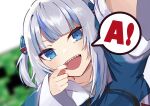  1girl a bangs blue_eyes blue_hair finger_in_mouth gawr_gura hair_ornament hololive hololive_english hood looking_at_viewer multicolored_hair open_mouth ranyu shark_hair_ornament sharp_teeth smile solo speech_bubble streaked_hair teeth two_side_up upper_teeth virtual_youtuber 