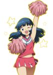  1girl arm_up armpits bangs bare_arms blue_hair cheerleader commentary hikari_(pokemon) eyebrows_visible_through_hair eyelashes floating_hair hair_ornament hairclip head_tilt long_hair looking_at_viewer navel one_eye_closed open_mouth outline pink_shirt pink_skirt pokemon pokemon_(anime) pokemon_dppt_(anime) pom_poms shirt sidelocks skirt sleeveless sleeveless_shirt smile solo star_(symbol) suitenan white_background 