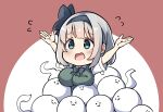  1girl arms_up bow breasts flying_sweatdrops green_eyes green_vest hairband highres konpaku_youmu konpaku_youmu_(ghost) open_mouth pegashi red_background short_hair silver_hair simple_background solo vest wavy_mouth 