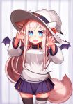  1girl :d animal_ear_fluff animal_ears animal_hat bandaged_leg bandages bangs bat_wings black_legwear blue_eyes blush breasts brown_hair claw_pose commentary_request detached_sleeves eyebrows_visible_through_hair fake_animal_ears fang fox_ears fox_girl fox_tail hair_ornament hairclip hands_up hat highres long_hair long_sleeves medium_breasts mini_wings open_mouth original pleated_skirt puffy_long_sleeves puffy_sleeves purple_skirt purple_wings reitou_mikan shirt skirt sleeveless sleeveless_shirt smile solo standing tail thigh-highs very_long_hair white_headwear white_shirt white_sleeves wings witch_hat 
