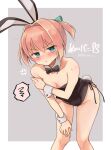  1girl alternate_costume anger_vein animal_ears bangs bare_shoulders black_legwear black_neckwear blue_eyes blush bow bowtie breasts bunny_tail closed_mouth detached_collar fake_animal_ears hair_ribbon kantai_collection leotard pink_hair playboy_bunny ponytail r-king rabbit_ears ribbon shiranui_(kantai_collection) small_breasts solo spoken_squiggle squiggle sweat tail twitter_username two-tone_background wrist_cuffs 
