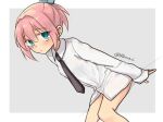  1girl black_neckwear blue_eyes border cowboy_shot dress_shirt grey_background kantai_collection leaning_forward long_sleeves looking_at_viewer necktie no_pants pink_hair ponytail r-king shiranui_(kantai_collection) shirt short_hair solo standing two-tone_background white_border white_shirt 