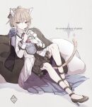  animal_ears black_footwear black_skirt cat_ears cat_tail copyright_name full_body high_heels juliet_sleeves knee_up knife light_brown_hair long_sleeves looking_at_viewer namonai_seigi_no_monogatari physics_point pillow puffy_sleeves short_hair simple_background sitting skirt tail throwing_knife weapon 