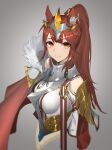 1girl animal_ear_fluff animal_ears anming armor braid breasts brown_hair capelet eyebrows_visible_through_hair fur_trim grey_background headpiece highres long_hair looking_at_viewer medium_breasts orange_eyes original ponytail red_capelet shirt shoulder_guard sidelocks simple_background smile solo upper_body white_shirt 