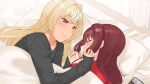  2girls absurdres alternate_costume bangs bed black_shirt blanket blonde_hair cellphone commentary_request dark_elf dark_skin elf hair_down highres hololive houshou_marine long_hair long_sleeves looking_at_another lying multiple_girls on_side phone pillow pointy_ears red_eyes red_shirt redhead shared_blanket shiranui_flare shirt sleeping smartphone smile tonarikeru under_covers virtual_youtuber yuri 