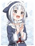  +++ +_+ 1girl :d absurdres animal_hood blue_hair blue_hoodie blush clapping commentary_request drawstring gawr_gura grey_eyes hand_up hands_up happy highres hololive hololive_english hood hood_up hoodie long_sleeves looking_away multicolored_hair open_mouth shark_hood sharp_teeth smile solo streaked_hair teeth upper_body virtual_youtuber white_hair wide_sleeves yukie_(kusaka_shi) 