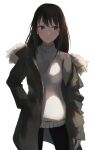 1girl black_hair black_pants brown_eyes closed_mouth coat cowboy_shot earrings fur_coat grey_coat highres idolmaster idolmaster_cinderella_girls jewelry k_concord long_hair long_sleeves looking_to_the_side off_shoulder open_clothes open_coat pants shibuya_rin simple_background solo standing straight_hair sweater white_background white_sweater 