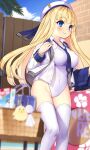  1girl azur_lane bangs bird blonde_hair blue_eyes blue_neckwear blue_sky blunt_bangs blurry brick_wall chick clouds commentary_request competition_swimsuit day depth_of_field eyes_visible_through_hair feet_out_of_frame highres icarus_(azur_lane) icarus_(nereid&#039;s_discovery)_(azur_lane) jacket kuro_chairo_no_neko long_hair manjuu_(azur_lane) necktie official_alternate_costume one-piece_swimsuit outdoors school_uniform skirt skirt_removed sky solo swimsuit swimsuit_under_clothes teruterubouzu thigh-highs white_jacket white_legwear white_swimsuit 