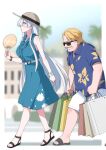  1boy 1girl akitokage01 alternate_costume anastasia_(fate) bag bangs bare_arms bare_shoulders belt blonde_hair blue_shirt blurry blurry_background border breasts character_request clenched_teeth collared_shirt commentary_request dress dress_shirt facial_hair fan fate/grand_order fate_(series) floral_print from_side green_dress hand_up hat heavy highres holding large_breasts long_hair mustache open_mouth paper_fan sandals shirt shopping_bag short_hair sleeveless smile standing sun_hat sunglasses sweat teeth uchiwa walking white_belt white_border wrist_cuffs 