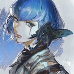  1girl artist_name au_ra blue_eyes blue_hair commentary dragon_horns expressionless final_fantasy final_fantasy_xiv frischenq from_side horns looking_to_the_side mide_hotgo portrait scales scar scar_across_eye short_hair signature solo 