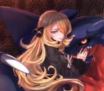  1girl akihorisu black_coat blonde_hair coat commentary_request cynthia_(pokemon) eyelashes fur-trimmed_coat fur_trim garchomp gen_4_pokemon grey_eyes hair_ornament hair_over_one_eye long_hair long_sleeves looking_back parted_lips pokemon pokemon_(creature) pokemon_(game) pokemon_dppt upper_body 