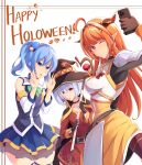  3girls ahoge alternate_costume amane_kanata aqua_(konosuba) aqua_(konosuba)_(cosplay) armor bare_shoulders blonde_hair blue_hair blush cellphone cosplay darkness_(konosuba) darkness_(konosuba)_(cosplay) detached_sleeves double_v dragon_horns fingerless_gloves gloves hair_ornament halloween happy_halloween hat highres holding holding_phone hololive horns hoshimachi_suisei kiryuu_coco kono_subarashii_sekai_ni_shukufuku_wo! long_hair maullarmaullar megumin megumin_(cosplay) miniskirt multicolored_hair multiple_girls one_eye_closed open_mouth orange_hair phone ponytail self_shot short_hair silver_hair skirt smartphone thigh-highs v virtual_youtuber witch_hat x_hair_ornament 