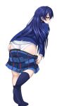  1girl absurdres blazer blue_eyes blue_jacket blue_legwear blush dressing from_behind highres jacket jan_azure leaning_forward long_hair love_live! love_live!_school_idol_project panties plaid plaid_skirt skirt skirt_pull solo sonoda_umi standing standing_on_one_leg underwear white_panties yellow_eyes 